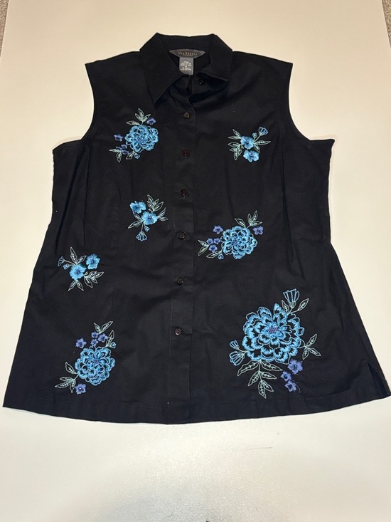 Van Heusen Tops - Van Heusen Black Sleeveless Button-Down Top with Blue Floral Embroidery